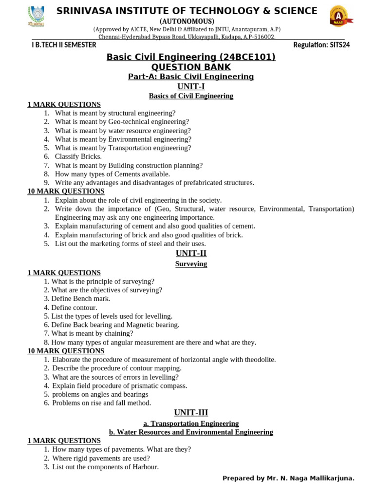 Civil Engineering Question Bank for B.Tech | PDF | Surveying