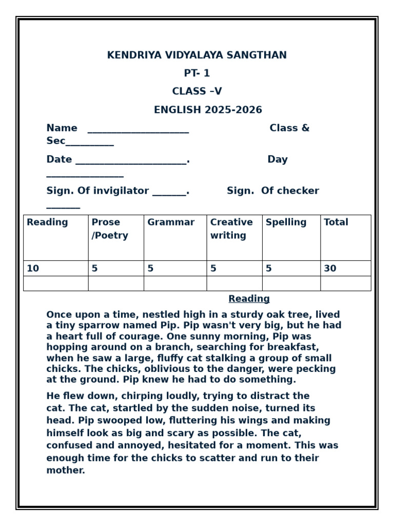 Class 5 English Exam Paper 2025-26 | PDF