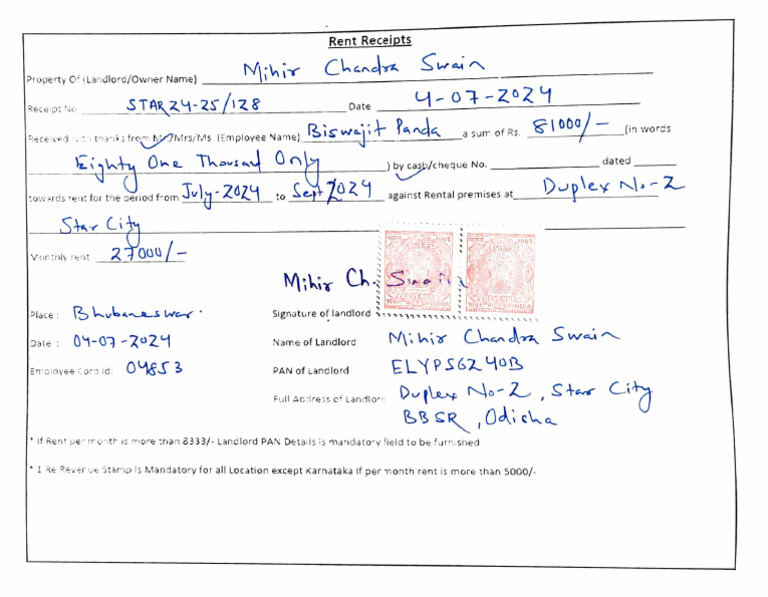 Rent Receipt for Bhubaneswar Property | PDF