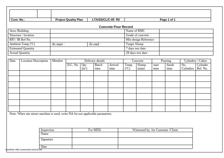 Concrete Pour Record Sheet Template | PDF