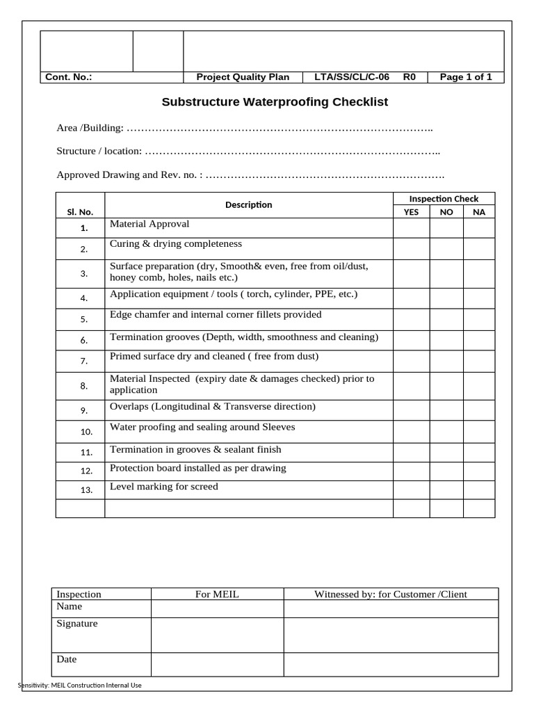 C 06 - Sub Structure Waterproofing Checklist | PDF