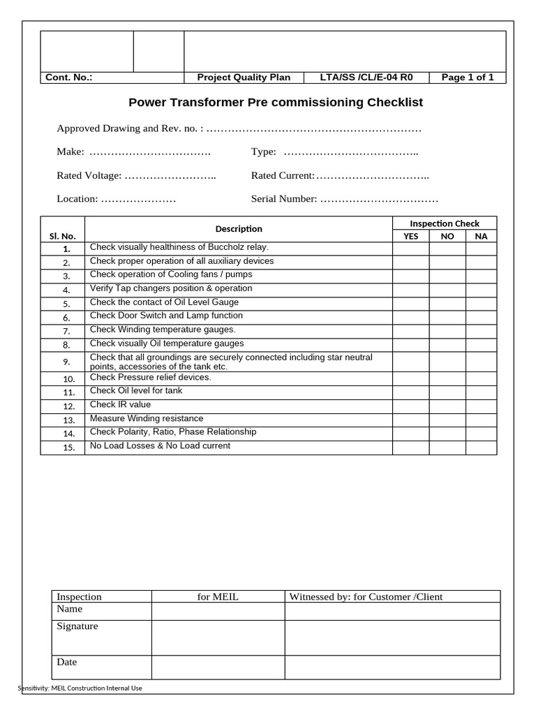 Power Transformer Pre-Commissioning Checklist | PDF