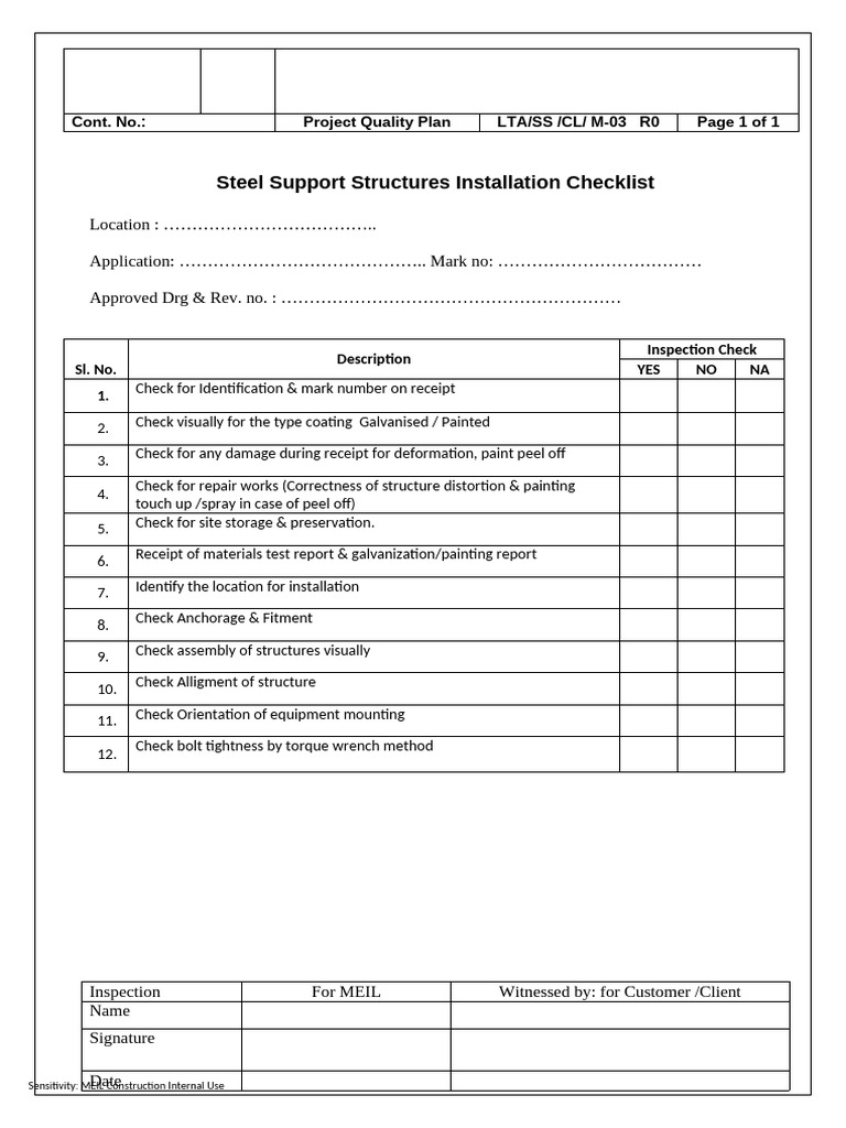 Steel Support Structures Installation Checklist | PDF