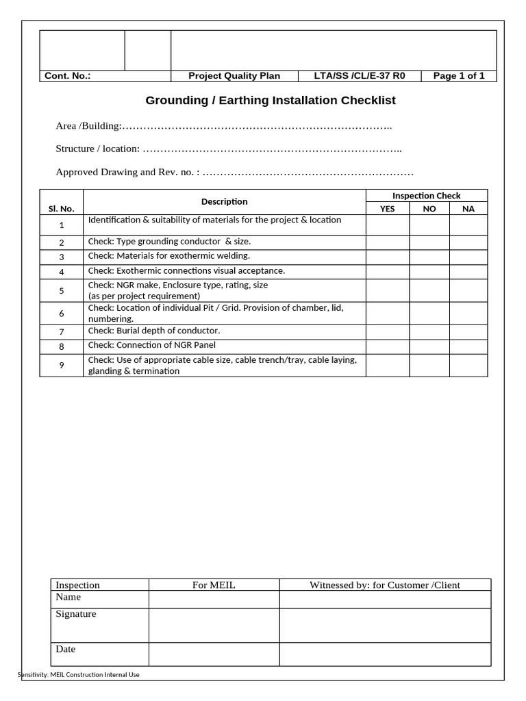 Grounding Installation Checklist Template | PDF