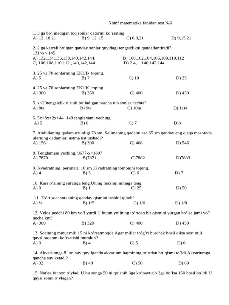 5 Sinf Matematika Test 3 | PDF
