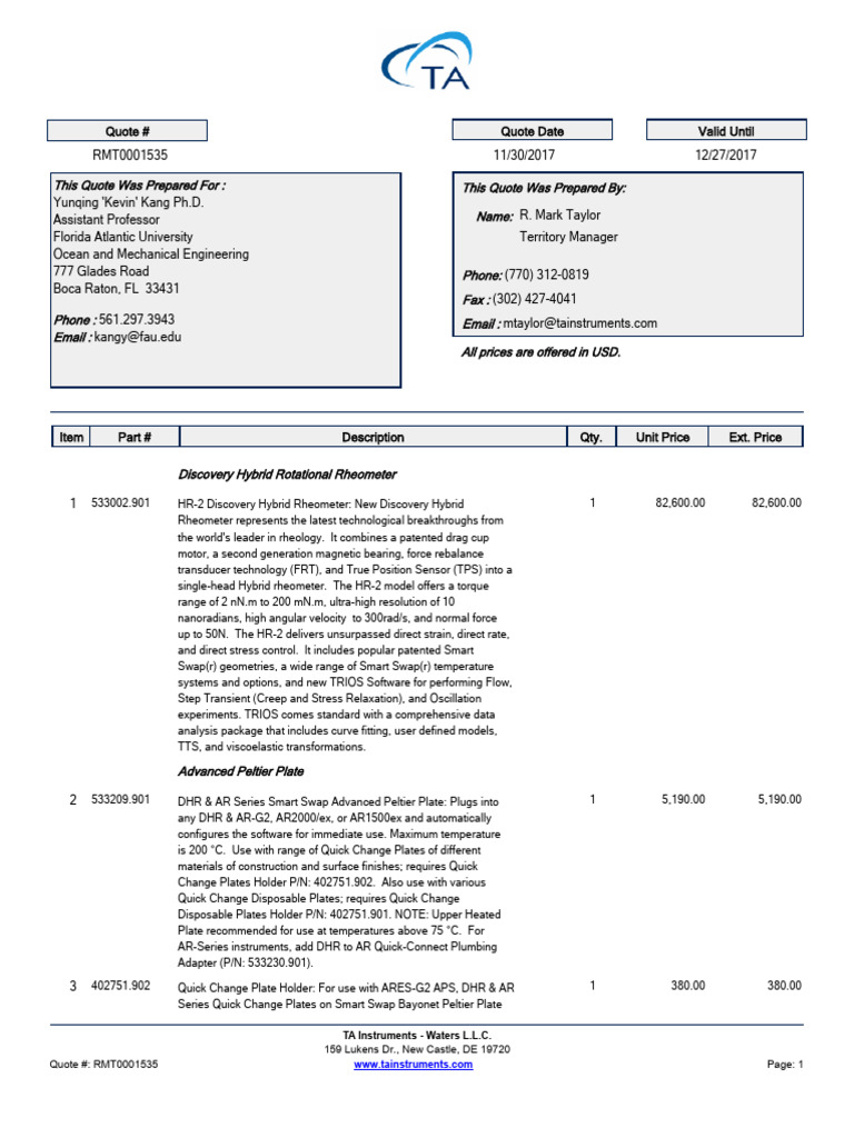 TA Instruments Quote for Rheometer Equipment | PDF | Mechanical Engineering