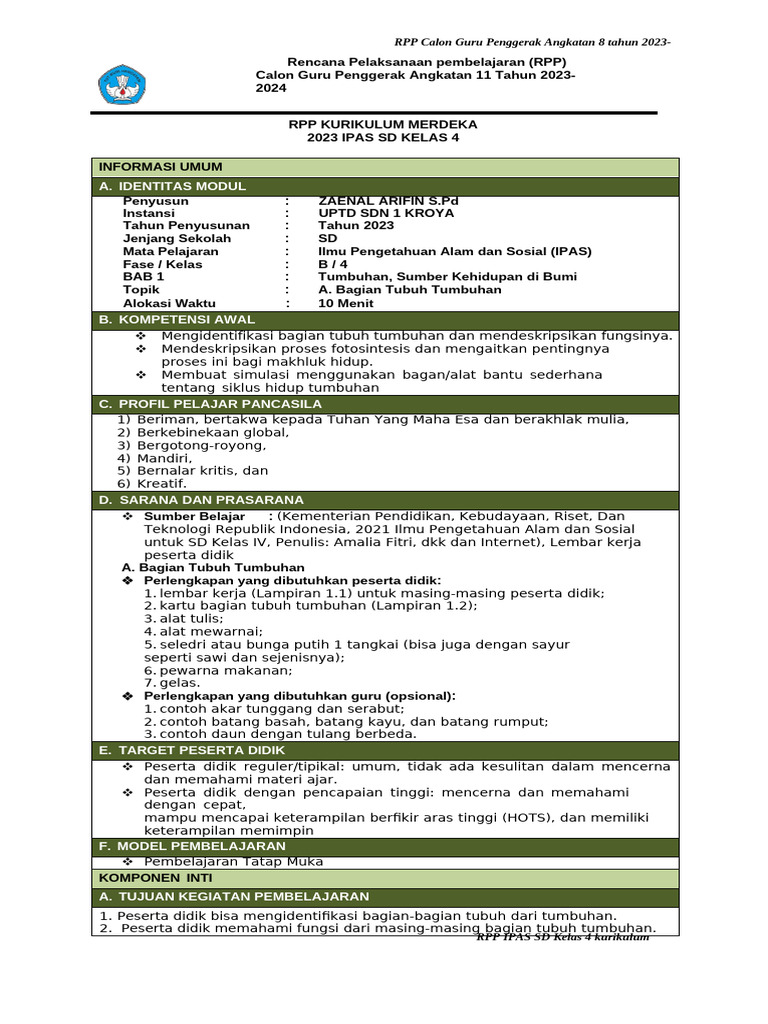 RPP IPAS SD Kelas 4: Bagian Tumbuhan | PDF
