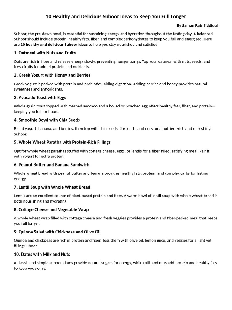 10 Healthy and Delicious Suhoor Ideas To Keep You Full Longer | PDF