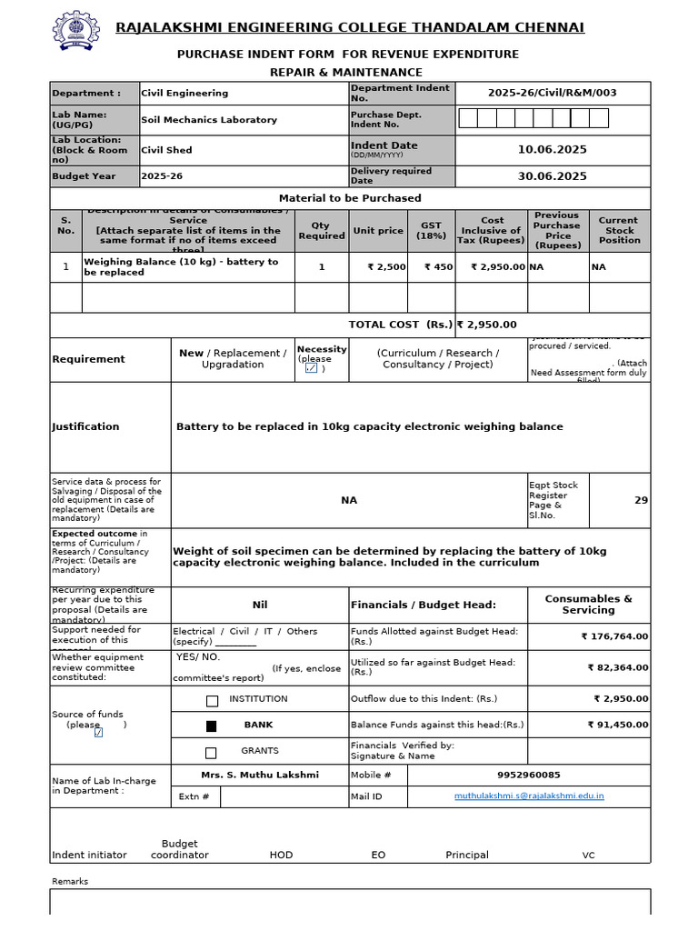 Purchase Indent Form for Civil Lab 2025 | PDF