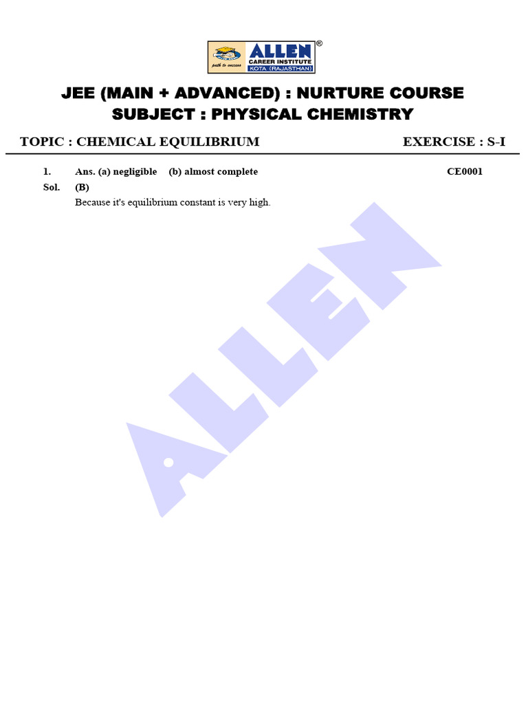 JEE Physical Chemistry: Chemical Equilibrium Exercises | PDF | Branches ...