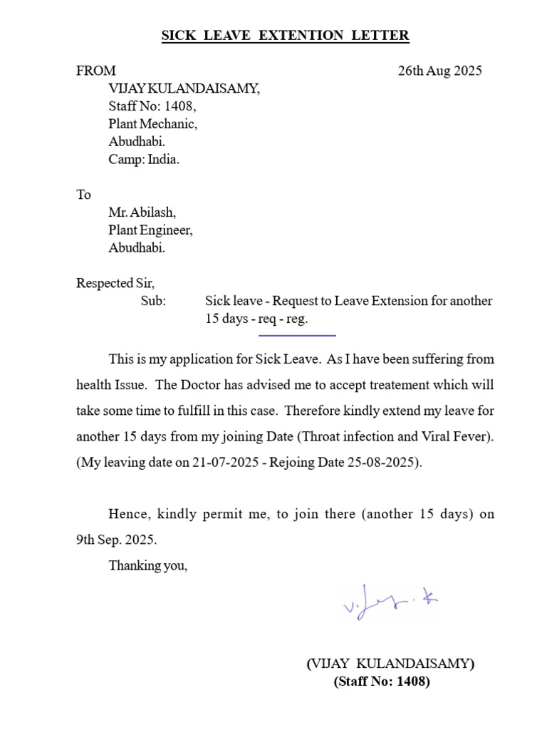 Sick Leave Extension Request Letter | PDF