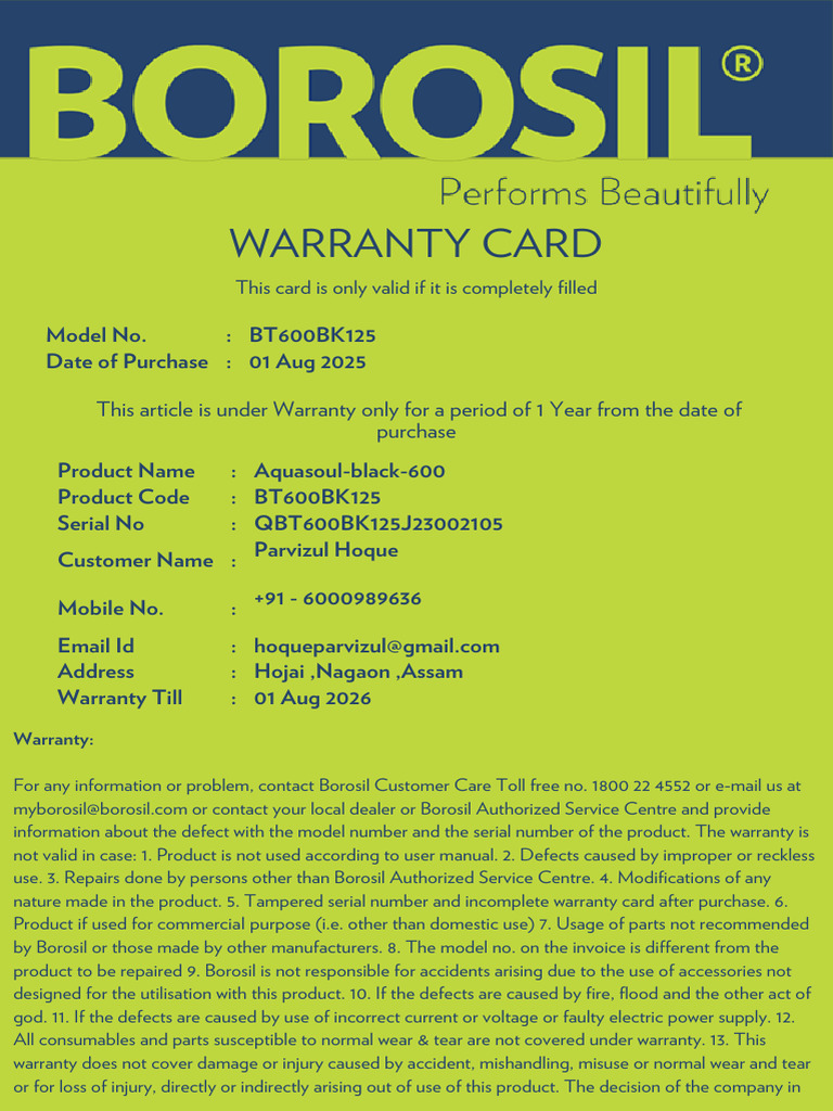 Warranty Card: This Card Is Only Valid If It Is Completely Filled | PDF