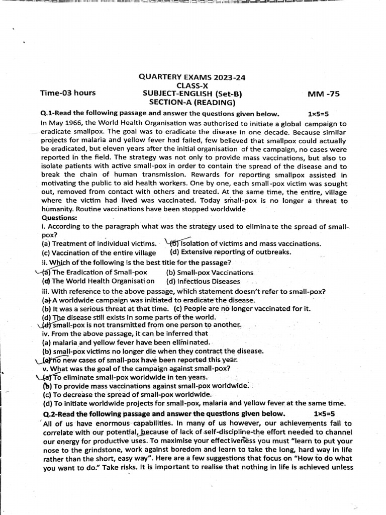 Class X English Quarter Exam 2023-24 | PDF | Smallpox | Vaccination
