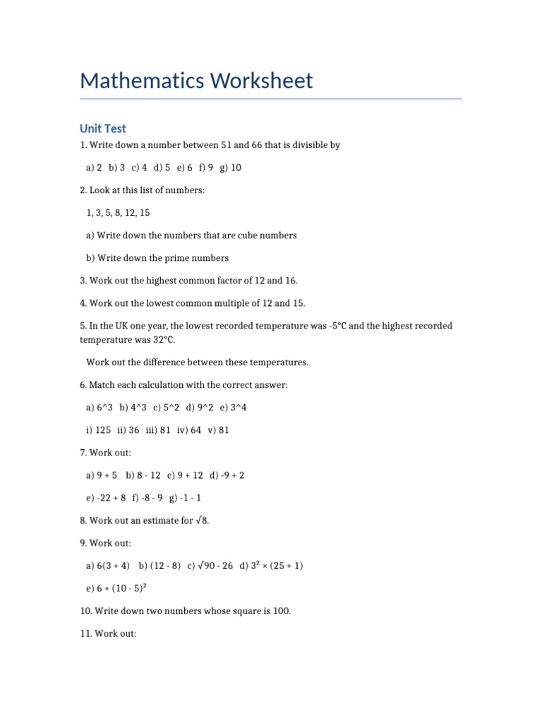 Mathematics Unit Test Worksheet | PDF