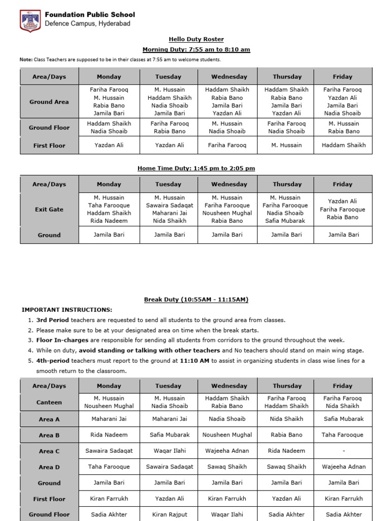 Foundation Public School Duty Roster | PDF