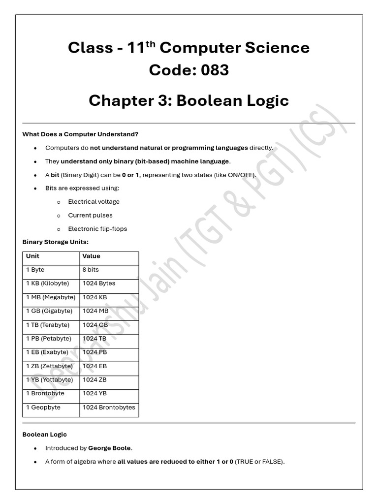11th CS CH 3 Boolean Logic Notes | PDF | Logic Gate | Byte