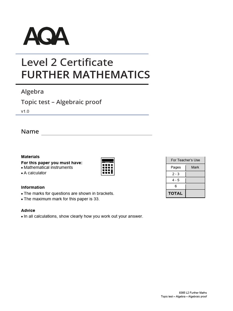 Algebraic Proof Topic Test - Level 2 | PDF | Numbers | Mathematical Proof