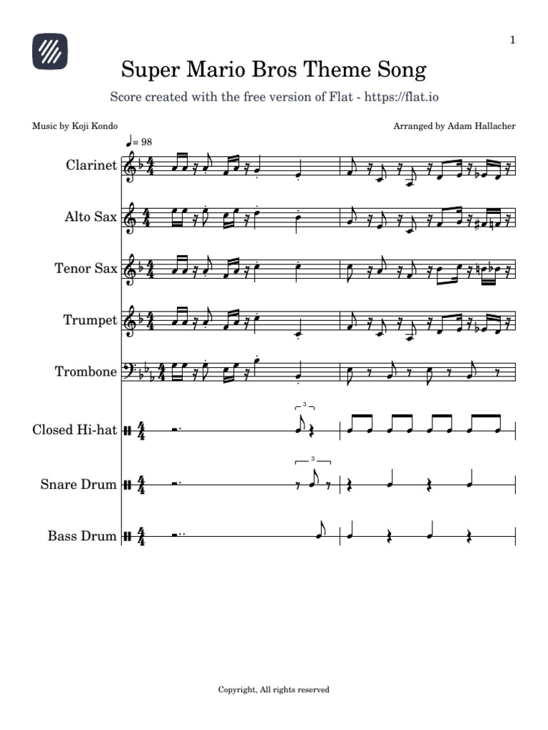 Super Mario Bros Theme Arrangement | PDF | Musical Instruments