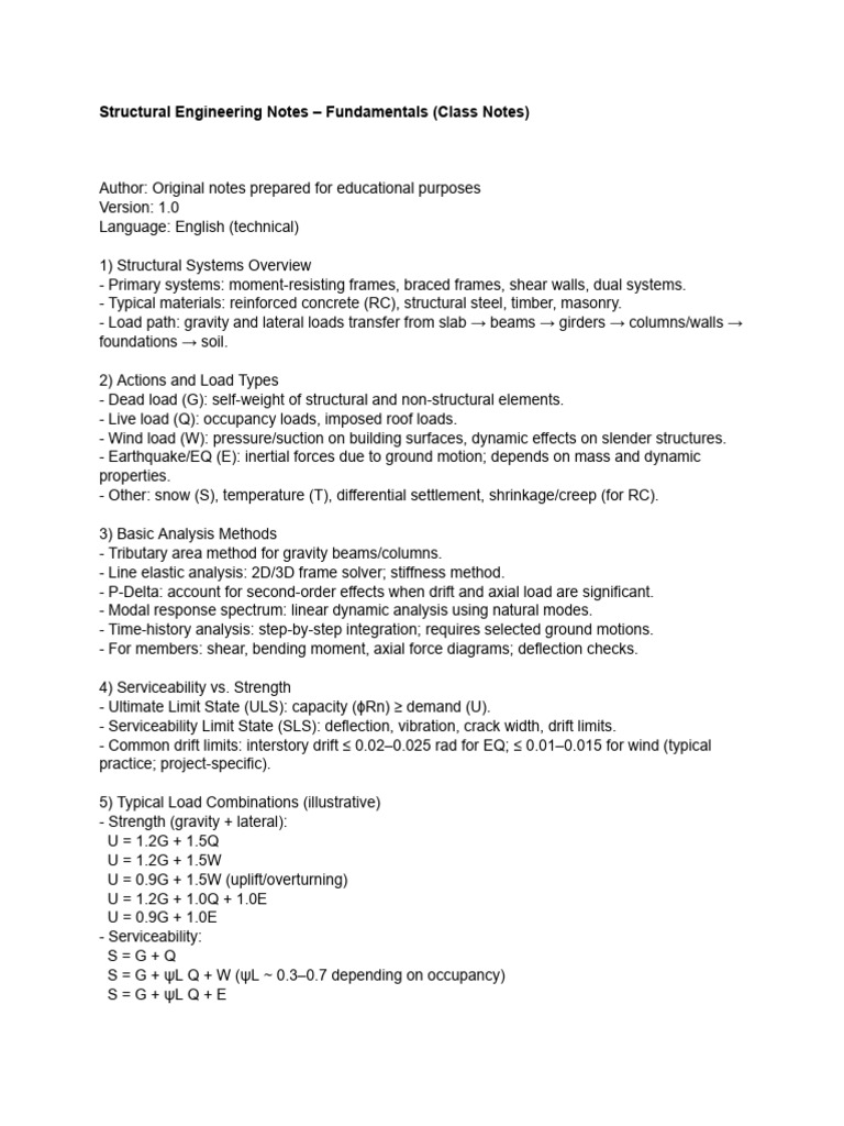 Structural Engineering Notes - Fundamentals (Class Notes) | PDF | Beam ...