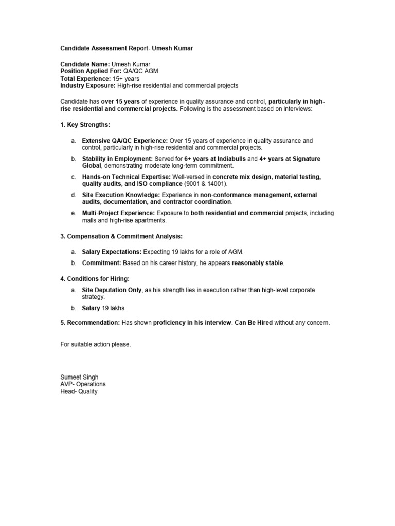 Umesh Kumar QA/QC AGM Assessment Report | PDF