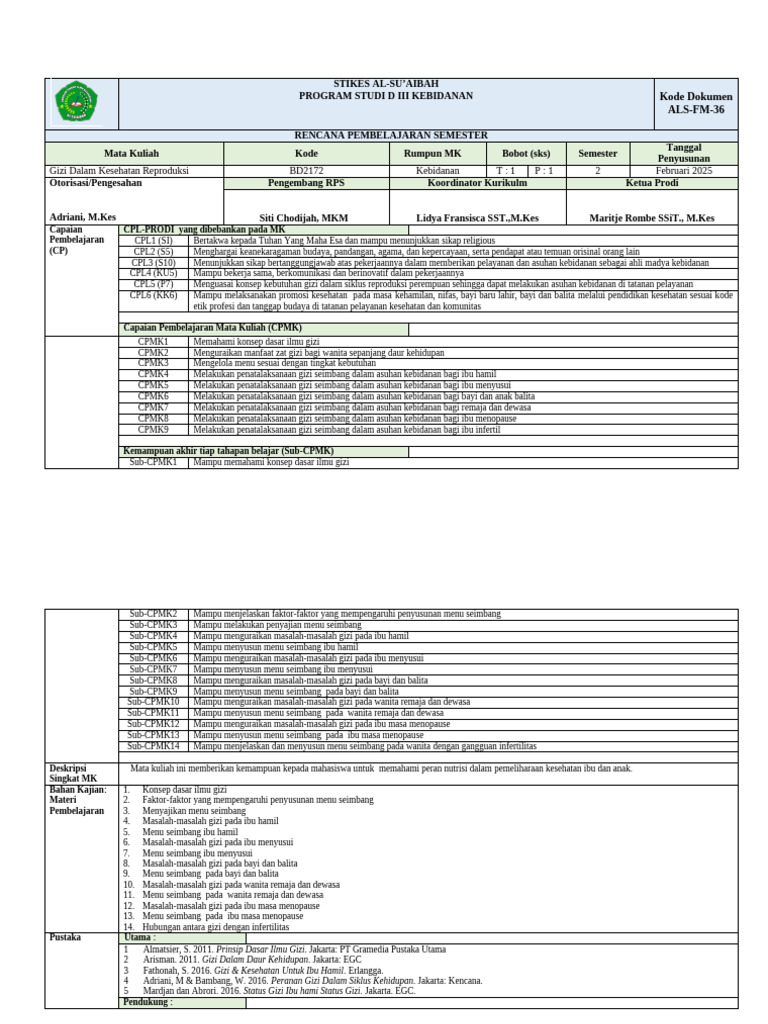 RPS Gizi (Ada Nama Dosennya) | PDF