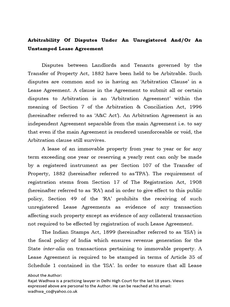 Arbitrability of Disputes Under An Unregistered AndOr An Unstamped ...