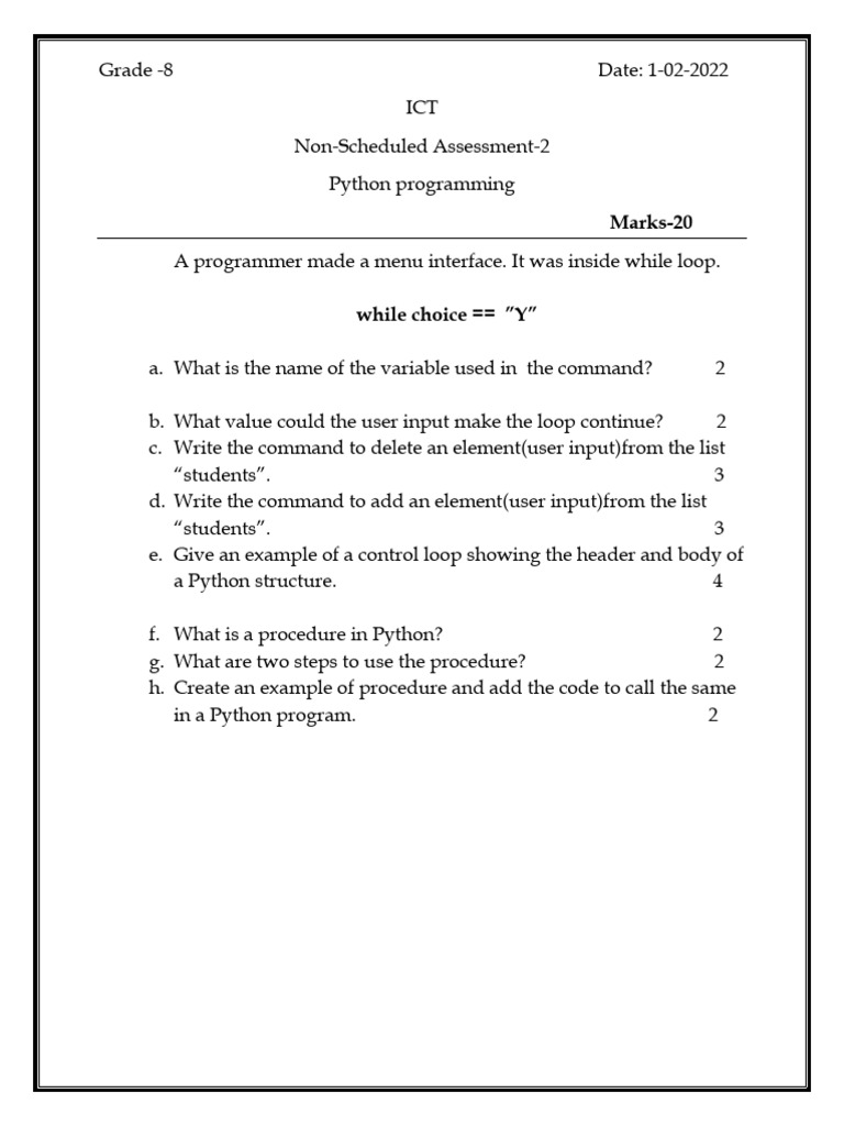 Grade 8 Python Programming Assessment | PDF
