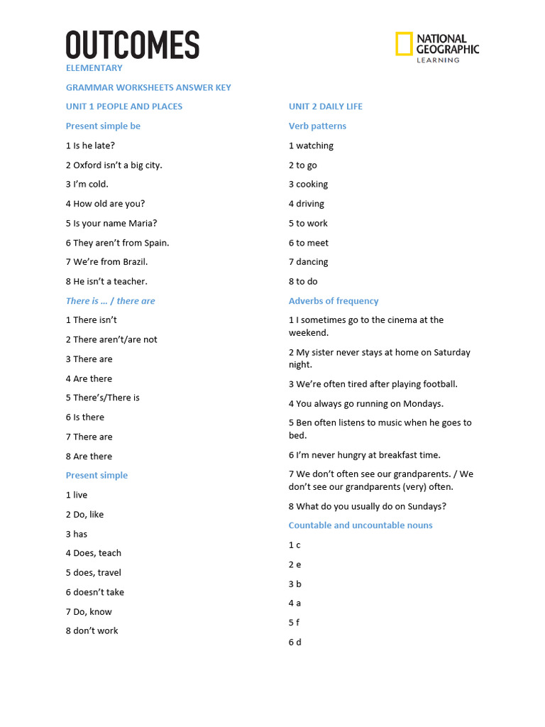 Outcomes Elementary Grammar Worksheets Answer Keys | PDF | Linguistics ...