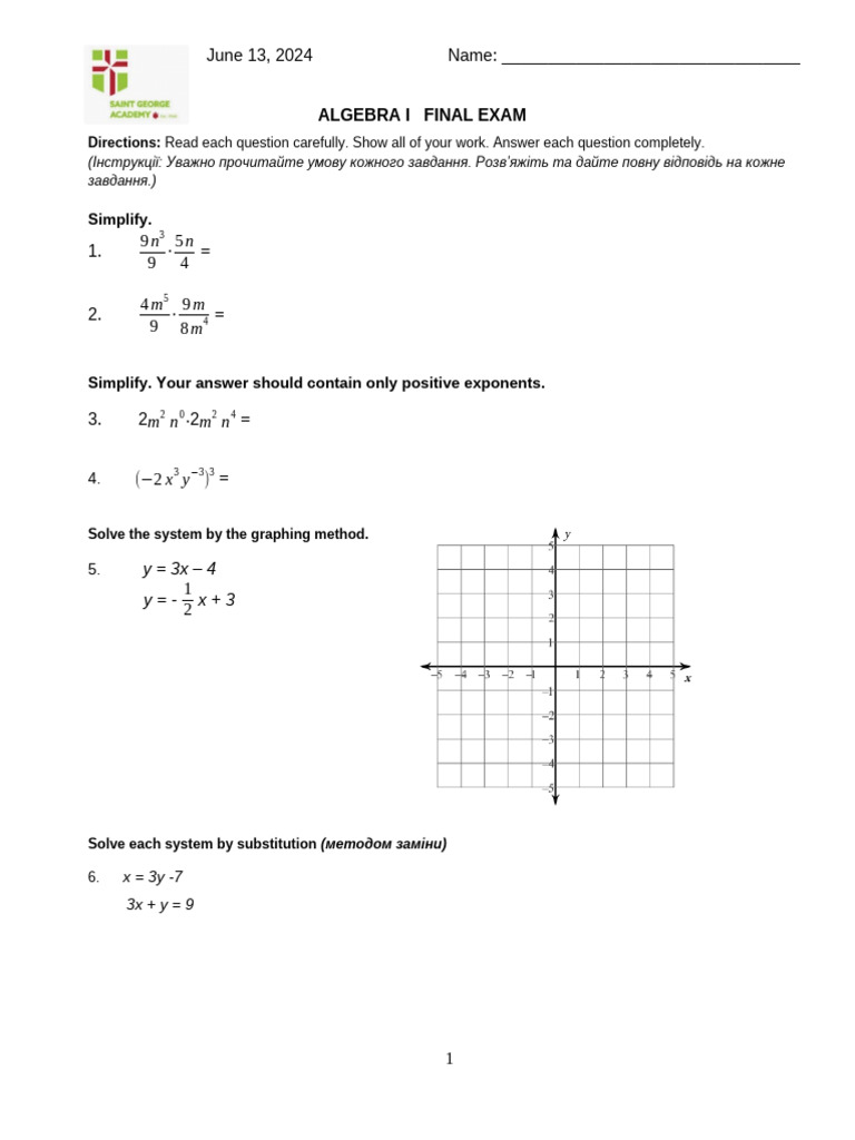 Algebra 1 Final Exam 2024 | PDF