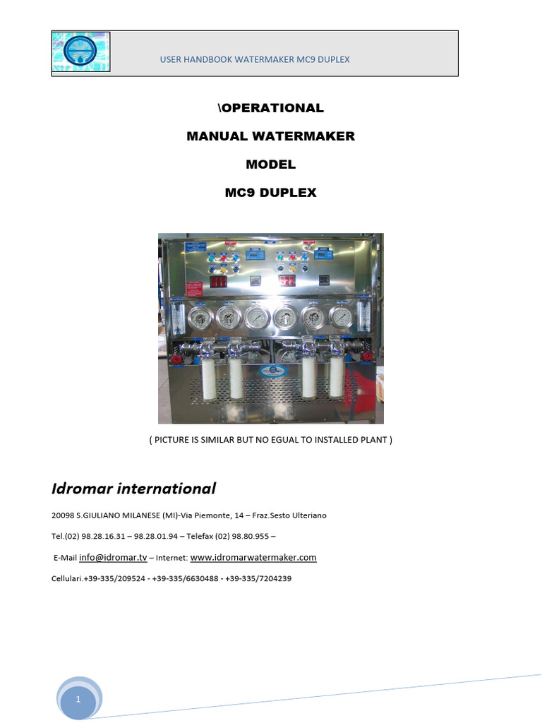 MC9 Duplex Watermaker User Manual | PDF | Pump | Valve