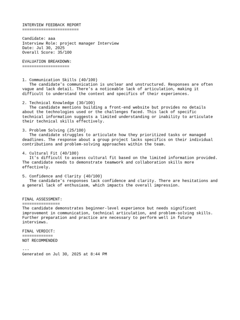 Project Manager Interview Feedback Report | PDF