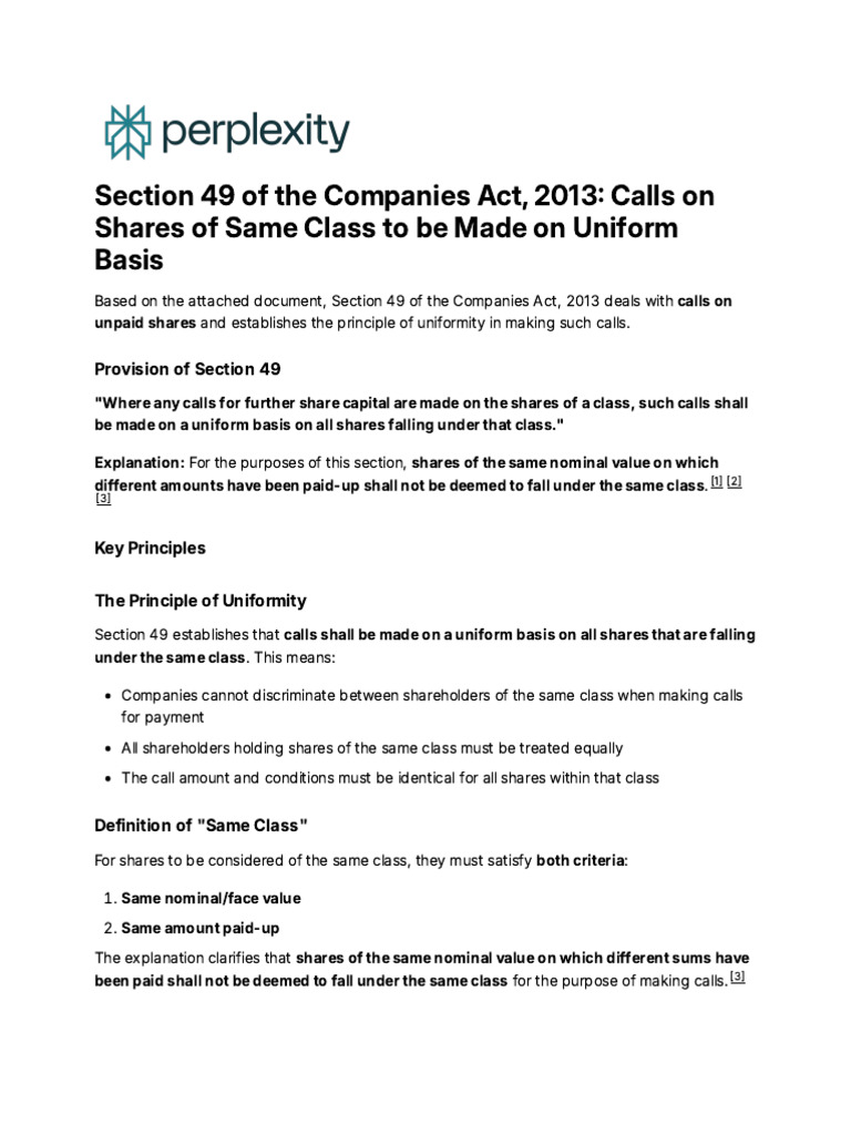 Uniform Calls on Shares: Section 49 Explained | PDF | Equity (Finance ...