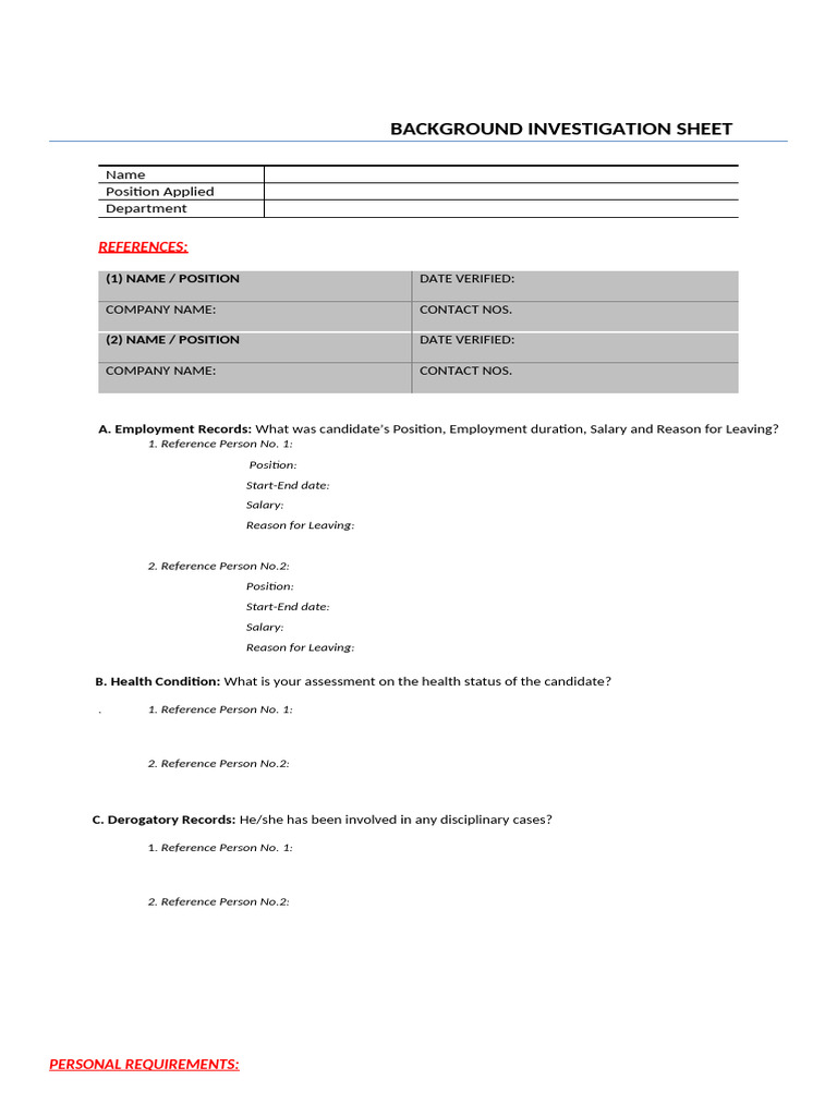 Background Investigation Sheet - Sample | PDF | Background Check