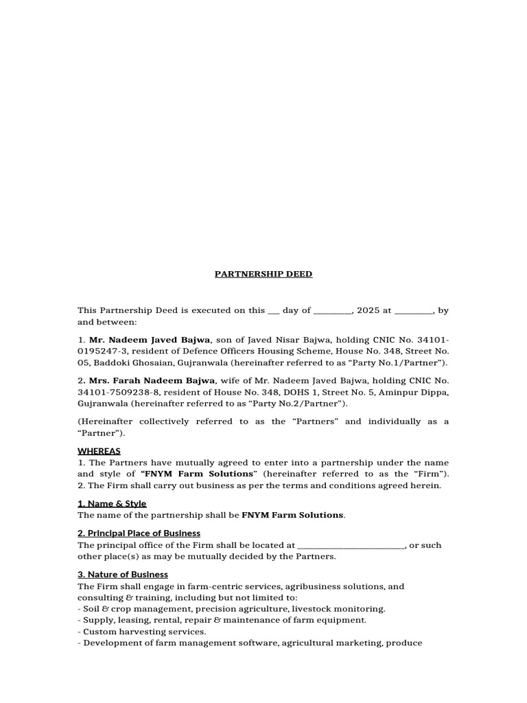 FNYM Farm Solutions Partnership Deed | PDF | Partnership | Private Law