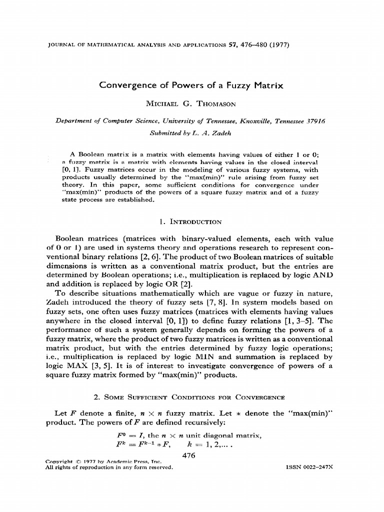 Convergence of Powers of A Fuzzy Matrix | PDF | Fuzzy Logic | Matrix ...