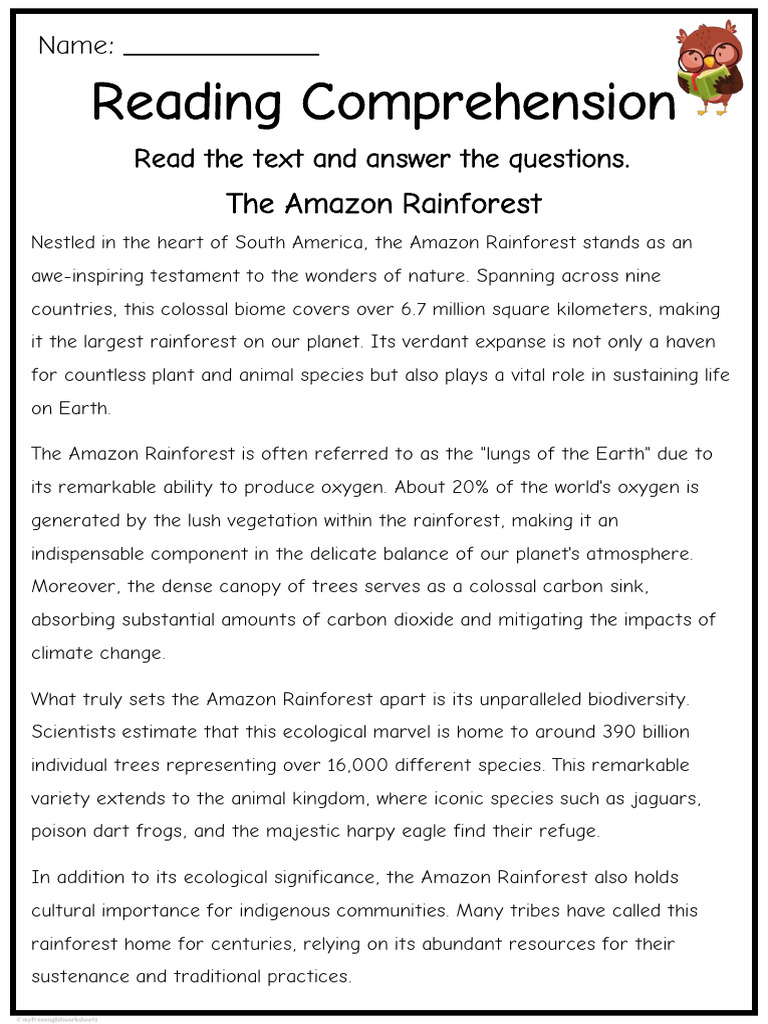 Amazon Rainforest Reading Comprehension | PDF | Rainforest | Amazon ...