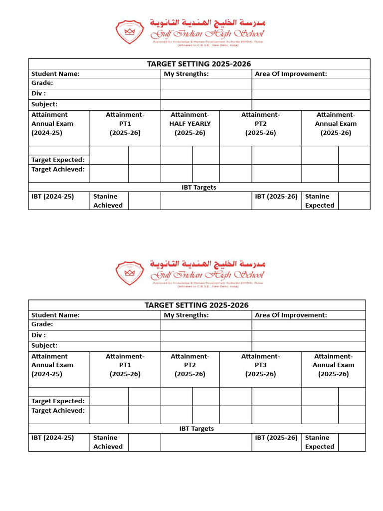 Student Target Setting 2025-2026 | PDF
