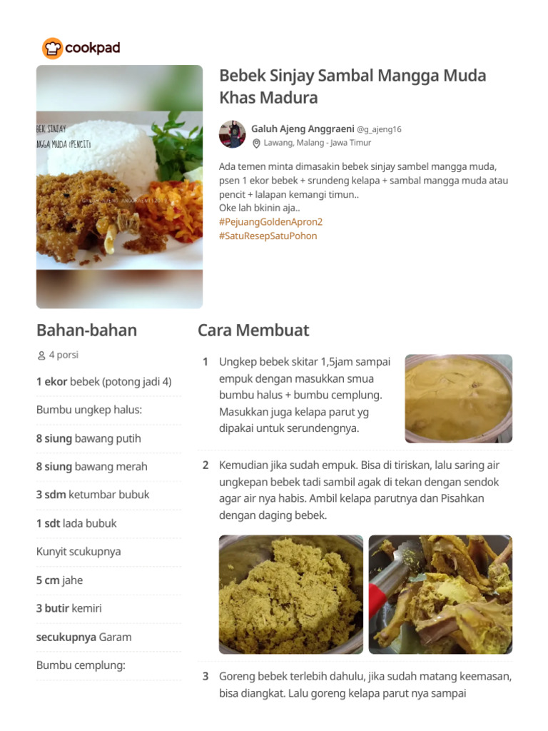 Resep Bebek Sinjay Sambal Mangga | PDF