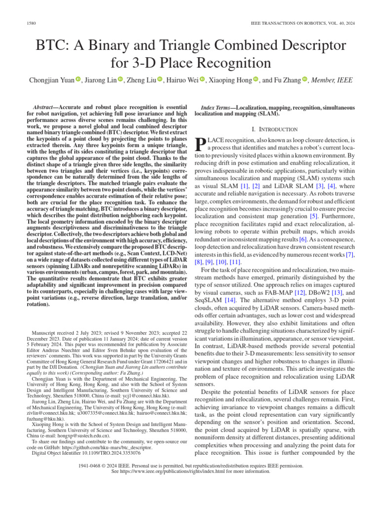 BTC A Binary and Triangle Combined Descriptor For 3-D Place Recognition ...