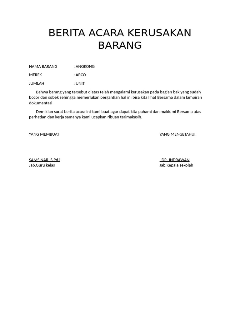 Berita Acara Kerusakan Barang | PDF