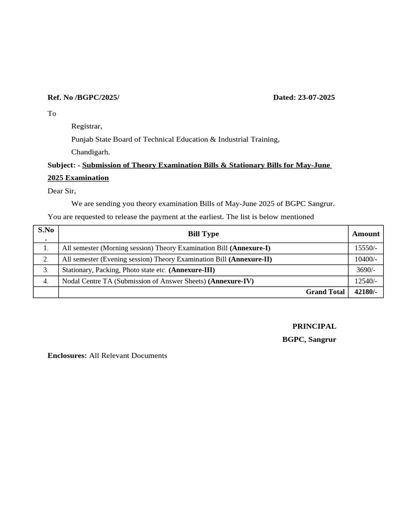Examination Bills Submission for 2025 | PDF