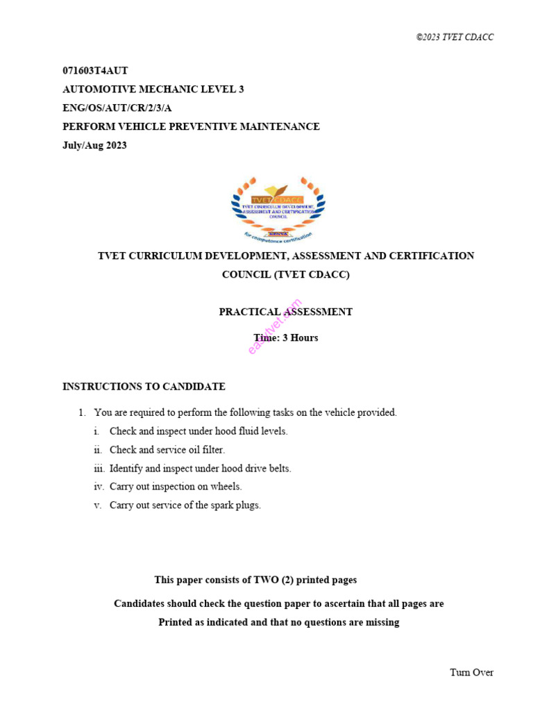 Automotive Mechanic Level 3 Assessment | PDF