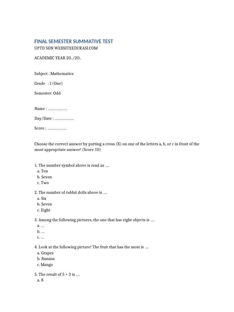 Grade 1 Math Summative Test Template | PDF