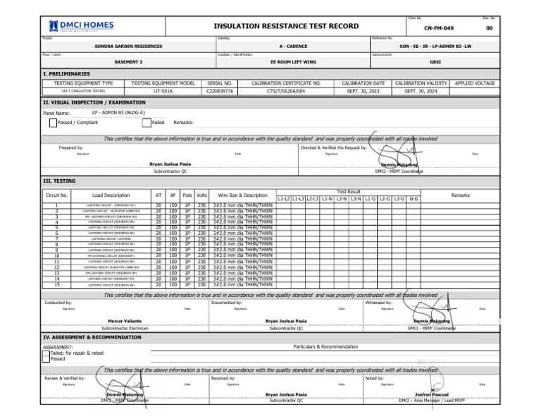 Insulation Resistance Test Record | PDF | Electricity | Electrical ...