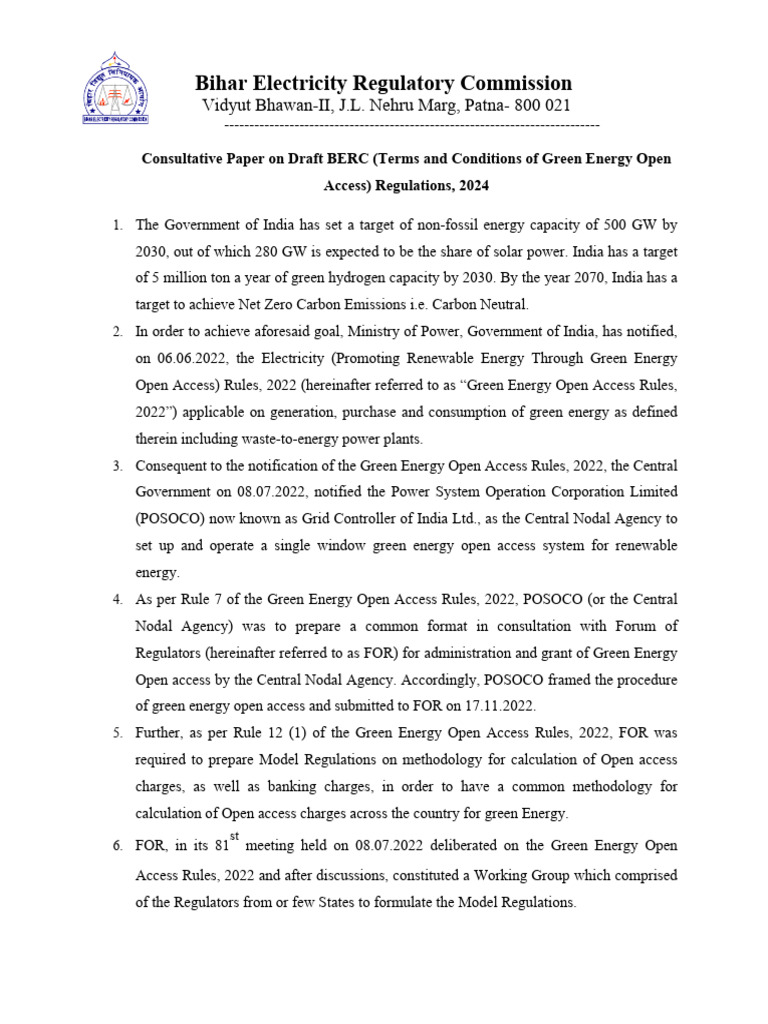 Draft BERC (Terms and Conditions of Green Energy Open | PDF ...
