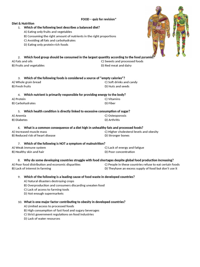 Diet and Nutrition Quiz for Revision | PDF | Foods | Healthy Diet