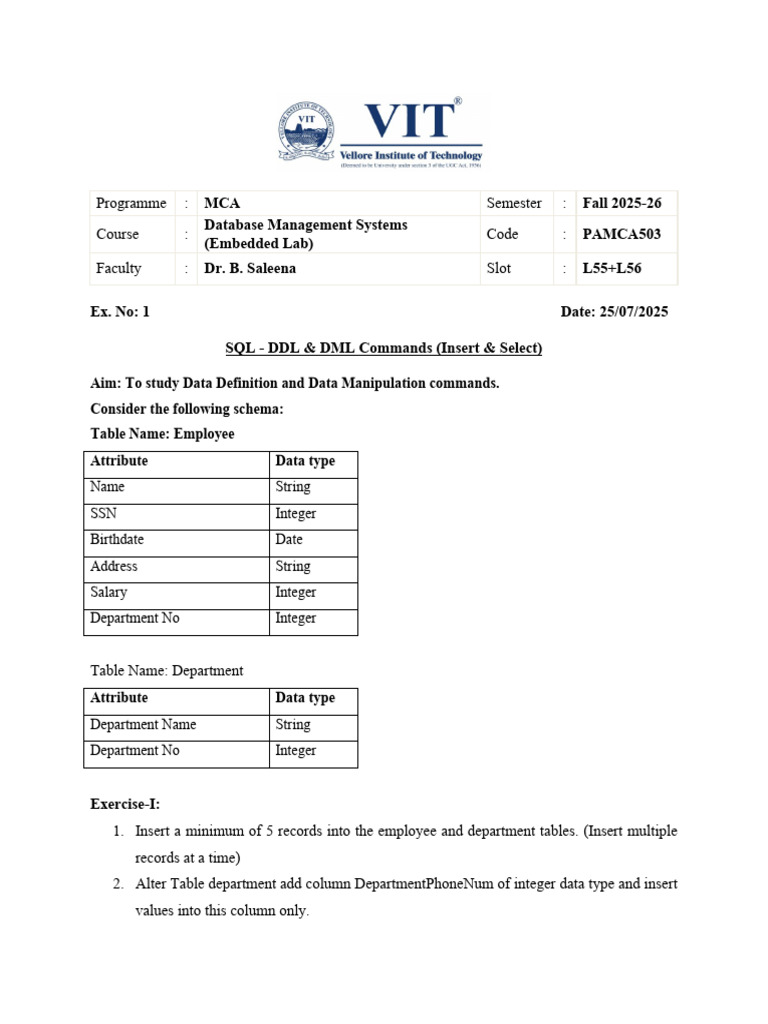 SQL DDL & DML Commands Lab Guide | PDF