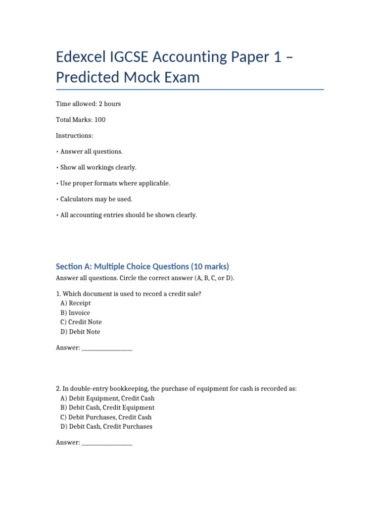 IGCSE Accounting Mock Exam Paper | PDF | Debits And Credits | Expense