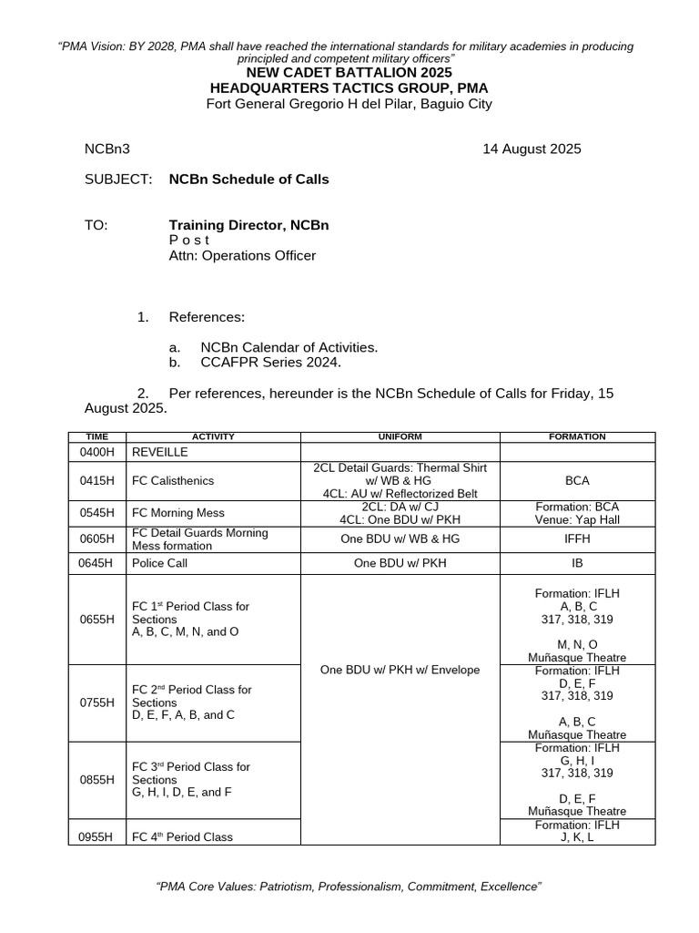 NCBn Schedule of Calls - August 15, 2025 | PDF | Military | Military Life