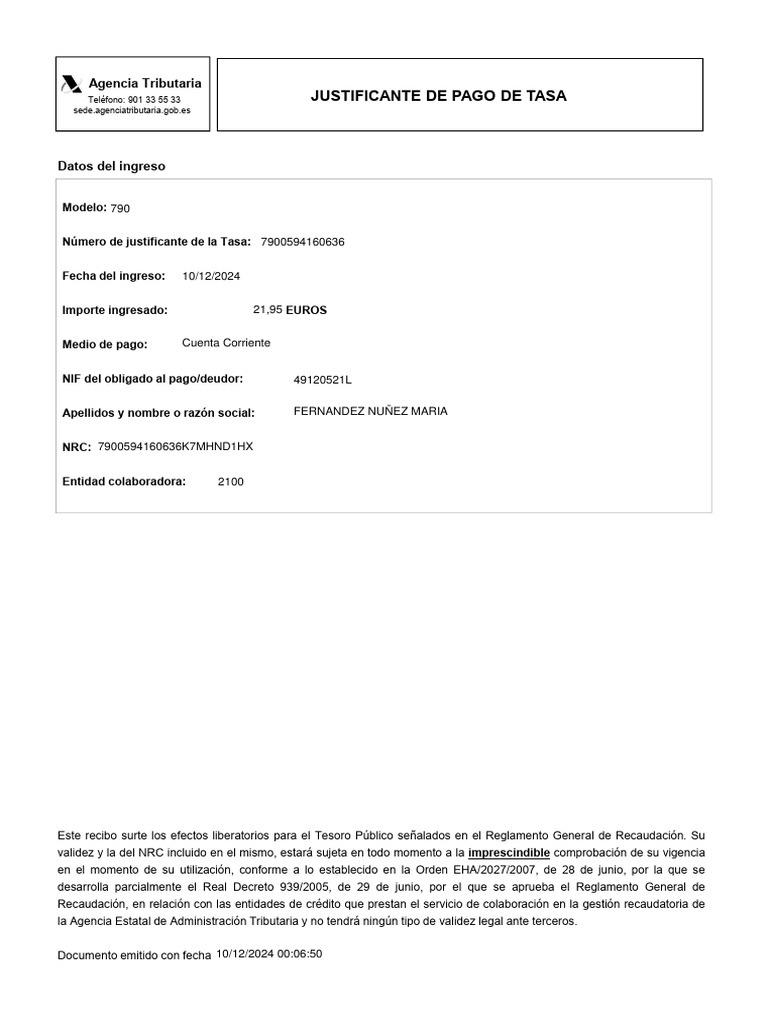 Justificante de Pago Tasa 059 | PDF